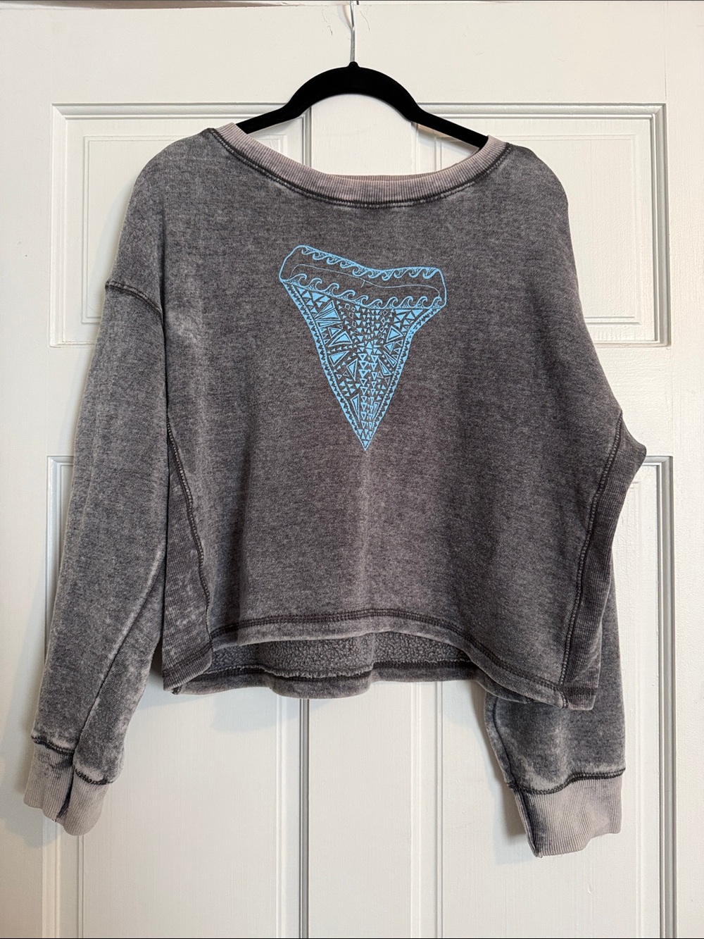 Fisherman’s Daughter Washed Gray Cropped Sweatshirt with Shark Tooth Graphic